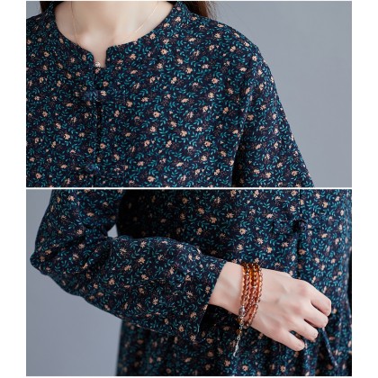 Korean Floral Print Tie-Waist Navy Midi Dress 3034-76 Korean Floral Print Tie-Waist Navy Midi Dress 3034-76