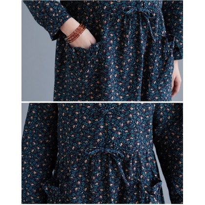Korean Floral Print Tie-Waist Navy Midi Dress 3034-76 Korean Floral Print Tie-Waist Navy Midi Dress 3034-76