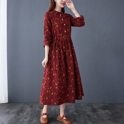 Floral Linen Maroon Midi Swing K-Dress 3035-29 Floral Linen Maroon Midi Swing K-Dress 3035-29