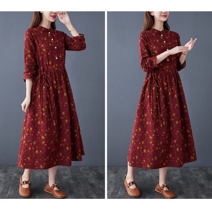 Floral Linen Maroon Midi Swing K-Dress 3035-29 Floral Linen Maroon Midi Swing K-Dress 3035-29