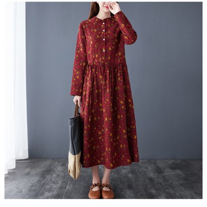 Floral Linen Maroon Midi Swing K-Dress 3035-29 Floral Linen Maroon Midi Swing K-Dress 3035-29