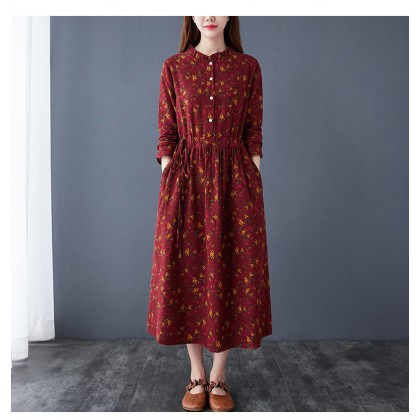 Floral Linen Maroon Midi Swing K-Dress 3035-29 Floral Linen Maroon Midi Swing K-Dress 3035-29