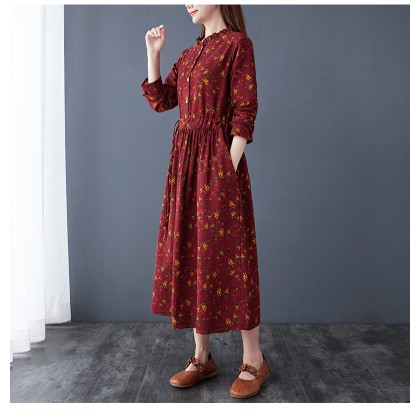 Floral Linen Maroon Midi Swing K-Dress 3035-29 Floral Linen Maroon Midi Swing K-Dress 3035-29