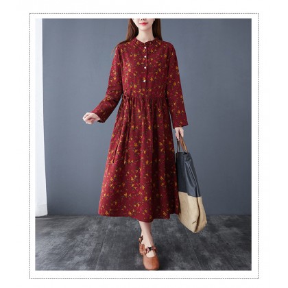 Floral Linen Maroon Midi Swing K-Dress 3035-29 Floral Linen Maroon Midi Swing K-Dress 3035-29