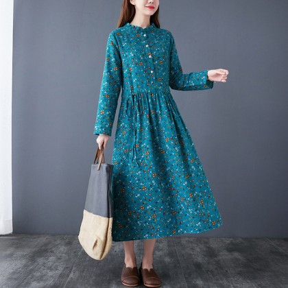 Floral Linen Turquoise Midi Swing K-Dress 3035-74