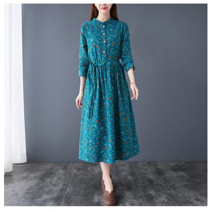 Floral Linen Turquoise Midi Swing K-Dress 3035-74