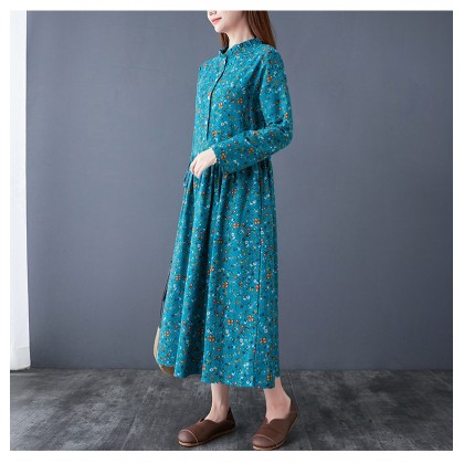 Floral Linen Turquoise Midi Swing K-Dress 3035-74