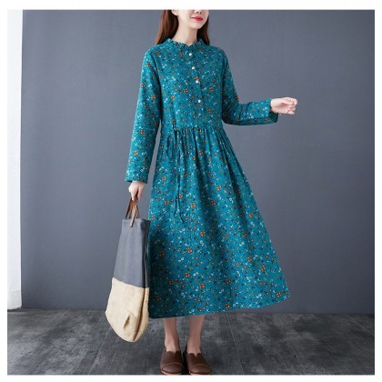 Floral Linen Turquoise Midi Swing K-Dress 3035-74