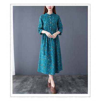 Floral Linen Turquoise Midi Swing K-Dress 3035-74