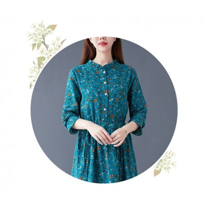 Floral Linen Turquoise Midi Swing K-Dress 3035-74