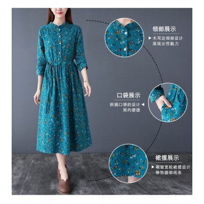 Floral Linen Turquoise Midi Swing K-Dress 3035-74