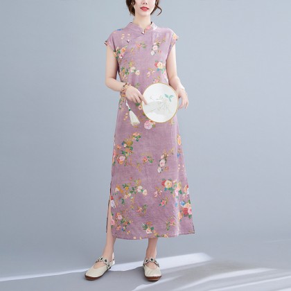 Vintage Linen Light Purple Maxi Cheongsam Dress 3037-82