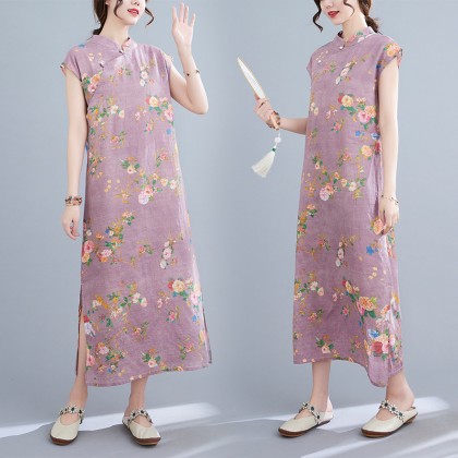 Vintage Linen Light Purple Maxi Cheongsam Dress 3037-82