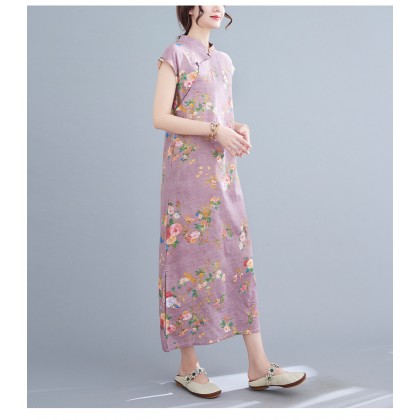 Vintage Linen Light Purple Maxi Cheongsam Dress 3037-82