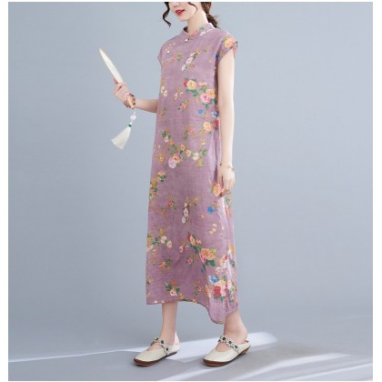 Vintage Linen Light Purple Maxi Cheongsam Dress 3037-82