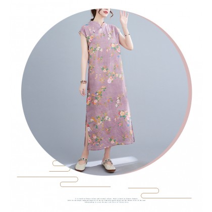 Vintage Linen Light Purple Maxi Cheongsam Dress 3037-82