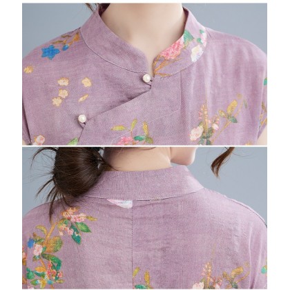 Vintage Linen Light Purple Maxi Cheongsam Dress 3037-82