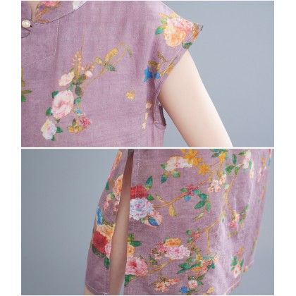 Vintage Linen Light Purple Maxi Cheongsam Dress 3037-82