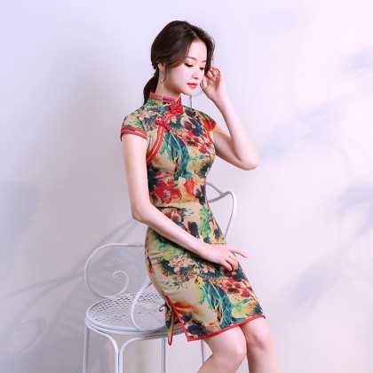 Hangzhou Floral Linen Stretchable Short Qipao 2128-00 Hangzhou Floral Linen Stretchable Short Qipao 2128-00
