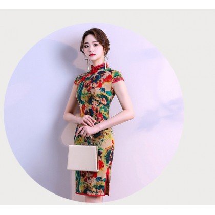 Hangzhou Floral Linen Stretchable Short Qipao 2128-00 Hangzhou Floral Linen Stretchable Short Qipao 2128-00