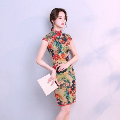 Hangzhou Floral Linen Stretchable Short Qipao 2128-00 Hangzhou Floral Linen Stretchable Short Qipao 2128-00