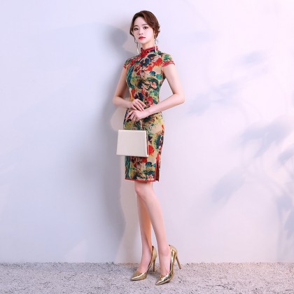 Hangzhou Floral Linen Stretchable Short Qipao 2128-00 Hangzhou Floral Linen Stretchable Short Qipao 2128-00