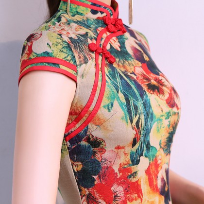 Hangzhou Floral Linen Stretchable Short Qipao 2128-00 Hangzhou Floral Linen Stretchable Short Qipao 2128-00