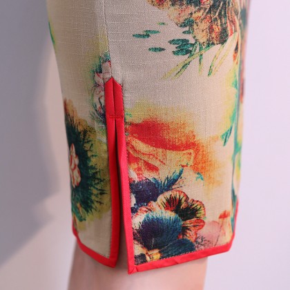 Hangzhou Floral Linen Stretchable Short Qipao 2128-00 Hangzhou Floral Linen Stretchable Short Qipao 2128-00