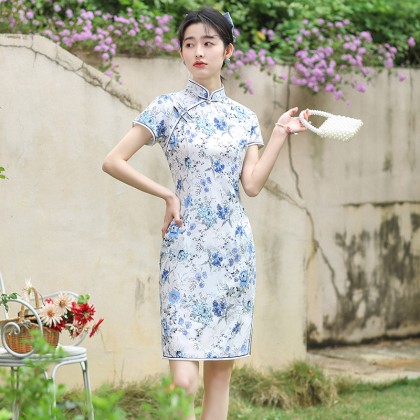 Hangzhou Light Blue Linen Short Qipao 2130-01 Hangzhou Light Blue Linen Short Qipao 2130-01