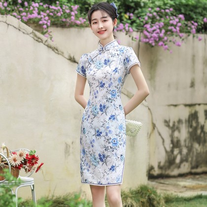 Hangzhou Light Blue Linen Short Qipao 2130-01 Hangzhou Light Blue Linen Short Qipao 2130-01