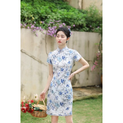 Hangzhou Light Blue Linen Short Qipao 2130-01 Hangzhou Light Blue Linen Short Qipao 2130-01