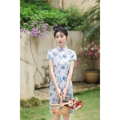Hangzhou Light Blue Linen Short Qipao 2130-01 Hangzhou Light Blue Linen Short Qipao 2130-01