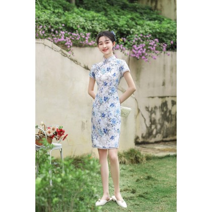Hangzhou Light Blue Linen Short Qipao 2130-01 Hangzhou Light Blue Linen Short Qipao 2130-01