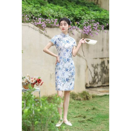 Hangzhou Light Blue Linen Short Qipao 2130-01 Hangzhou Light Blue Linen Short Qipao 2130-01