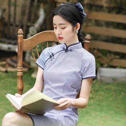 Hangzhou Purple Lace Plaid Cotton Mini Qipao 2408-80