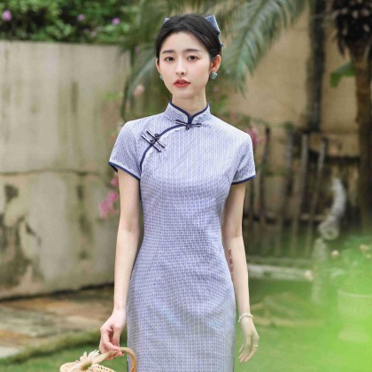 Hangzhou Purple Lace Plaid Cotton Mini Qipao 2408-80