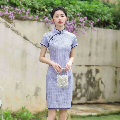 Hangzhou Purple Lace Plaid Cotton Mini Qipao 2408-80
