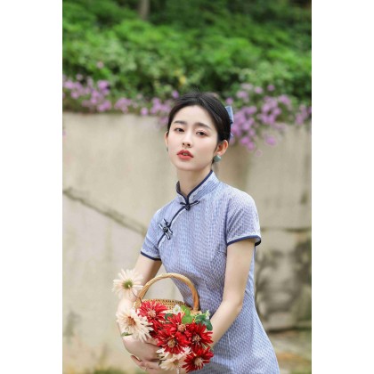 Hangzhou Purple Lace Plaid Cotton Mini Qipao 2408-80