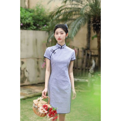 Hangzhou Purple Lace Plaid Cotton Mini Qipao 2408-80