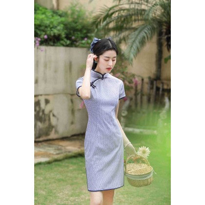Hangzhou Purple Lace Plaid Cotton Mini Qipao 2408-80