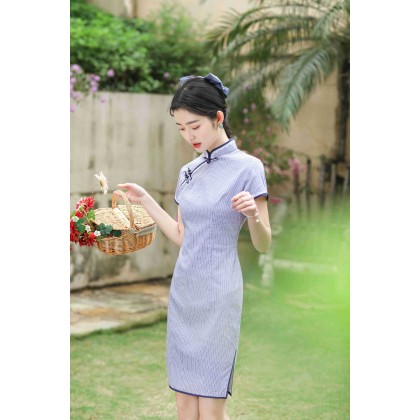 Hangzhou Purple Lace Plaid Cotton Mini Qipao 2408-80