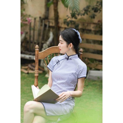 Hangzhou Purple Lace Plaid Cotton Mini Qipao 2408-80