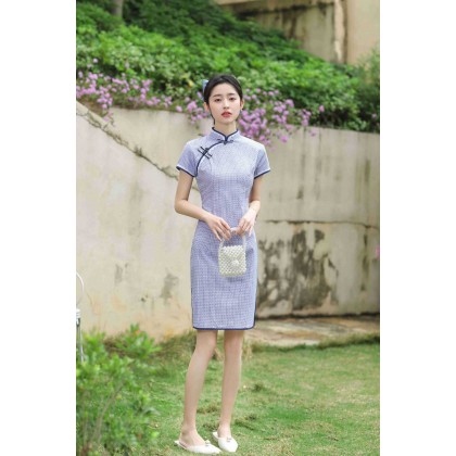 Hangzhou Purple Lace Plaid Cotton Mini Qipao 2408-80