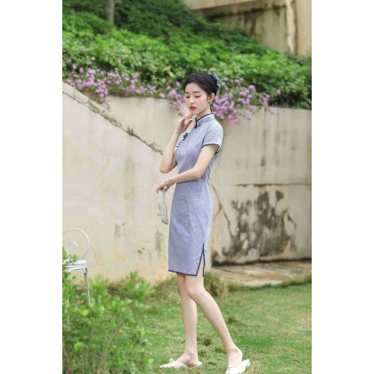 Hangzhou Purple Lace Plaid Cotton Mini Qipao 2408-80