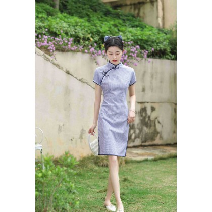 Hangzhou Purple Lace Plaid Cotton Mini Qipao 2408-80