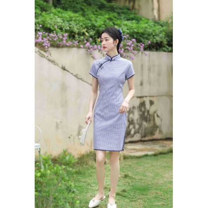 Hangzhou Purple Lace Plaid Cotton Mini Qipao 2408-80