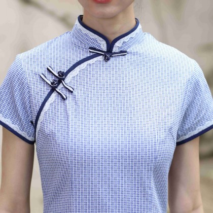 Hangzhou Purple Lace Plaid Cotton Mini Qipao 2408-80