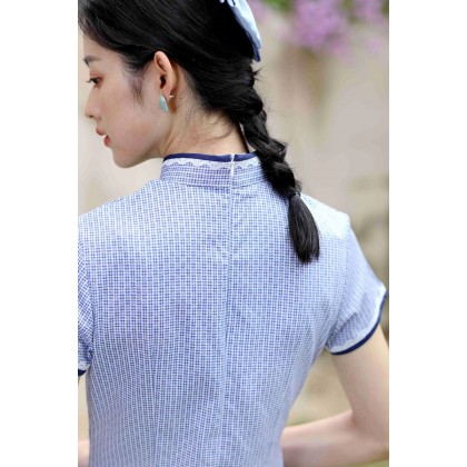 Hangzhou Purple Lace Plaid Cotton Mini Qipao 2408-80