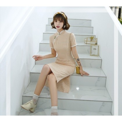 Elegant Light Orange Plaid Cotton Midi Cheongsam 1031-30 Clearance No Return / No Exchange