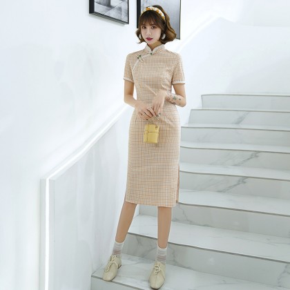 Elegant Light Orange Plaid Cotton Midi Cheongsam 1031-30 Clearance No Return / No Exchange